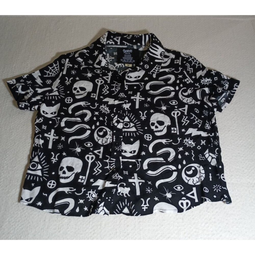 Spencers Top Womens M Halloween Day of the Dead Black Magic Gothic Blouse Shirt